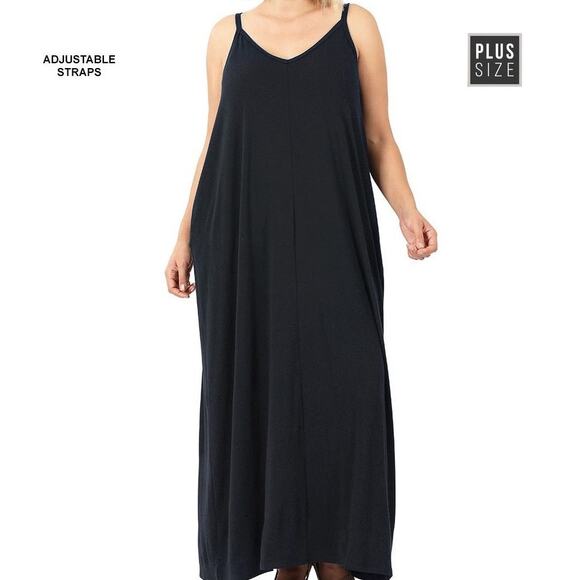 Zenana Black V-neck Cami Maxi Dress 1X comfy shift pockets adjustable straps - Picture 1 of 16